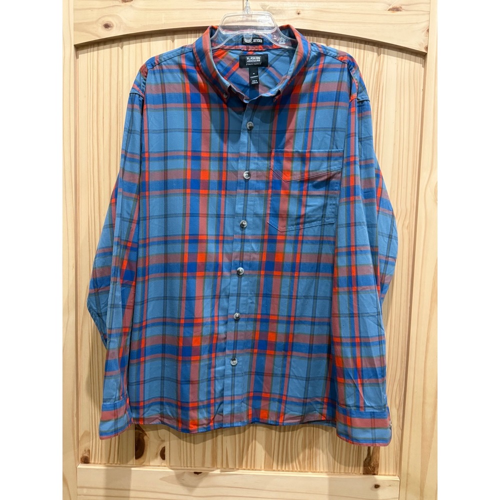 Alaskan Hardgear Duluth Trading Co Plaid Button Down Shirt Blue Orange Mens XL